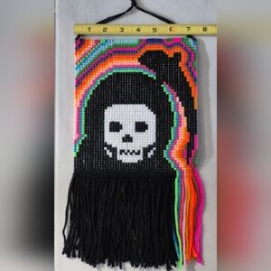 Handmade Cross Stitch Grim Reaper Yarn Tapestry Wall Hanging